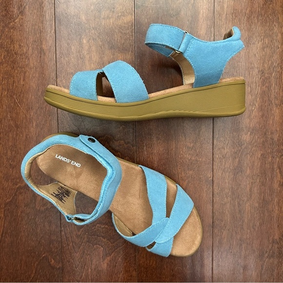Lands' End Blue Leather Wedge Comfort Sandals, Perfect for Summer, Size 10 - Picture 1 of 13